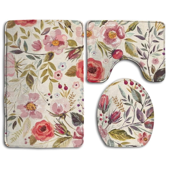 PUDMAD Watercolor Style Flowers Roses 3 Piece Bathroom Rugs Set Bath Rug Contour Mat and Toilet Lid Cover