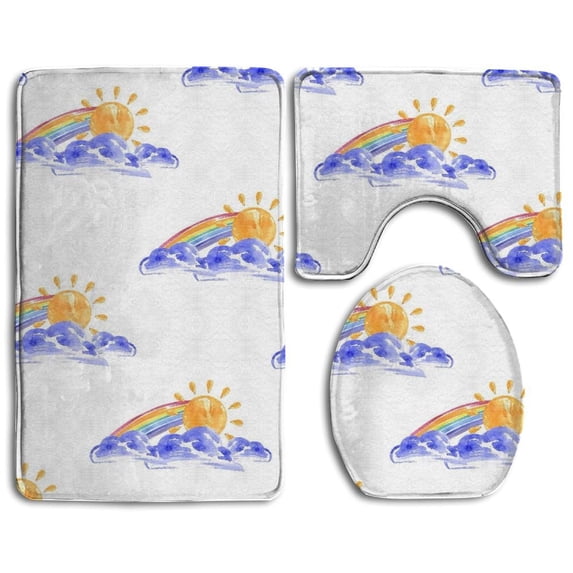PUDMAD Watercolor Sun And Rainbow 3 Piece Bathroom Rugs Set Bath Rug Contour Mat and Toilet Lid Cover