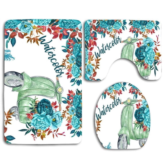 PUDMAD Watercolor Teal Flowers and Motorcycle 3 Piece Bathroom Rugs Set Bath Rug Contour Mat and Toilet Lid Cover