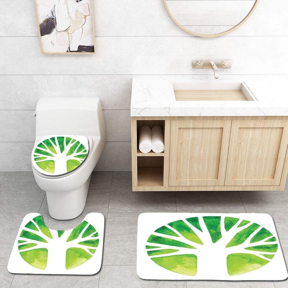 PUDMAD Watercolor Tree Logo 3 Piece Bathroom Rugs Set Bath Rug Contour Mat and Toilet Lid Cover