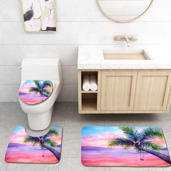 PUDMAD Watercolor Tropical Landscape Dramatic Sunset 3 Piece Bathroom Rugs Set Bath Rug Contour Mat and Toilet Lid Cover