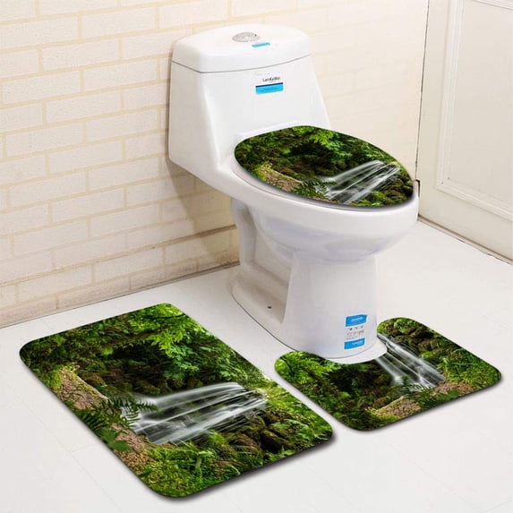 PUDMAD Waterfall 3 Piece Bathroom Rugs Set Bath Rug Contour Mat and Toilet Lid Cover