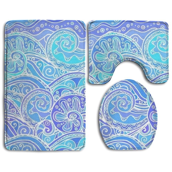 PUDMAD Wave 3 Piece Bathroom Rugs Set Bath Rug Contour Mat and Toilet Lid Cover