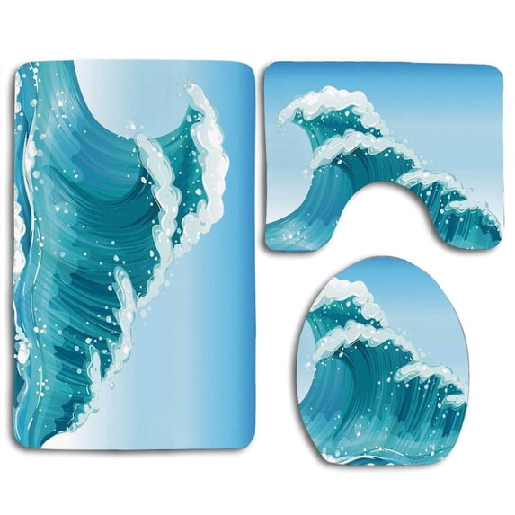 PUDMAD Wave Cartoon Style Barreled Wave Tidal Curves Daytime at Ocean Foam 3 Piece Bathroom Rugs Set Bath Rug Contour Mat and Toilet Lid Cover