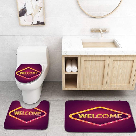 PUDMAD Welcome Banner Lighting 3 Piece Bathroom Rugs Set Bath Rug Contour Mat and Toilet Lid Cover