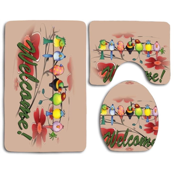 PUDMAD Welcome Parrots 3 Piece Bathroom Rugs Set Bath Rug Contour Mat and Toilet Lid Cover