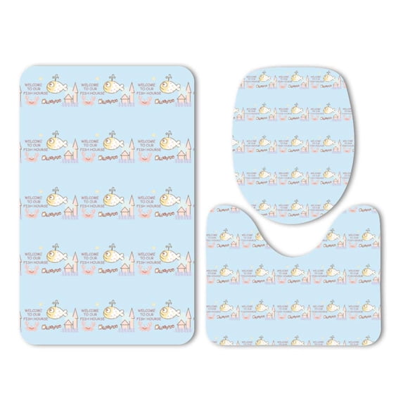 PUDMAD Welcome to Home Fish Blue Ocean Fish Crab Castle 3 Piece Bathroom Rugs Set Bath Rug Contour Mat and Toilet Lid Cover