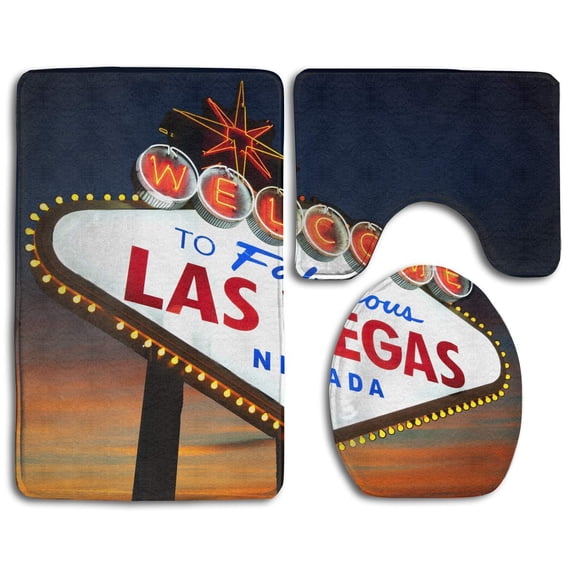 PUDMAD Welcome to Las Vegas Sign 3 Piece Bathroom Rugs Set Bath Rug Contour Mat and Toilet Lid Cover