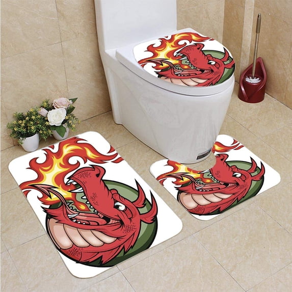 PUDMAD Welsh Dragon Fire 3 Piece Bathroom Rugs Set Bath Rug Contour Mat and Toilet Lid Cover