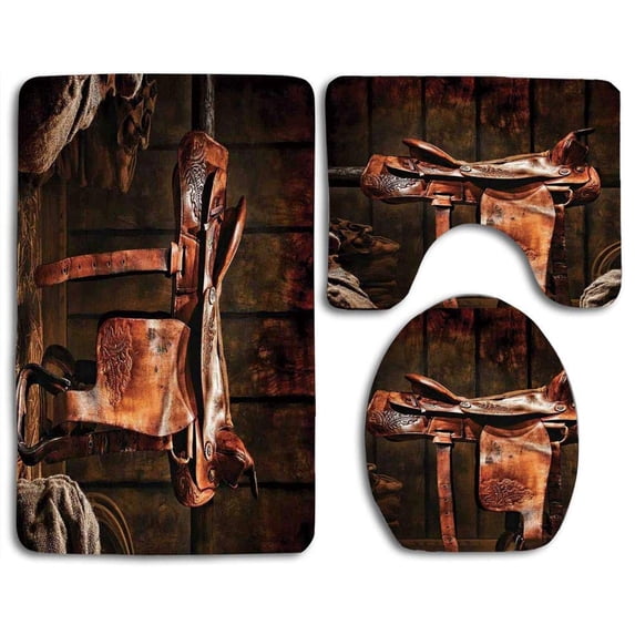 PUDMAD Western American West Traditional Authentic Style Rodeo Cowboy Saddle Wood Ranch Barn 3 Piece Bathroom Rugs Set Bath Rug Contour Mat and Toilet Lid Cover