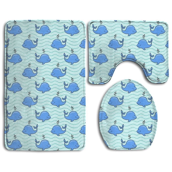 PUDMAD Whale Ocean Wave 3 Piece Bathroom Rugs Set Bath Rug Contour Mat and Toilet Lid Cover
