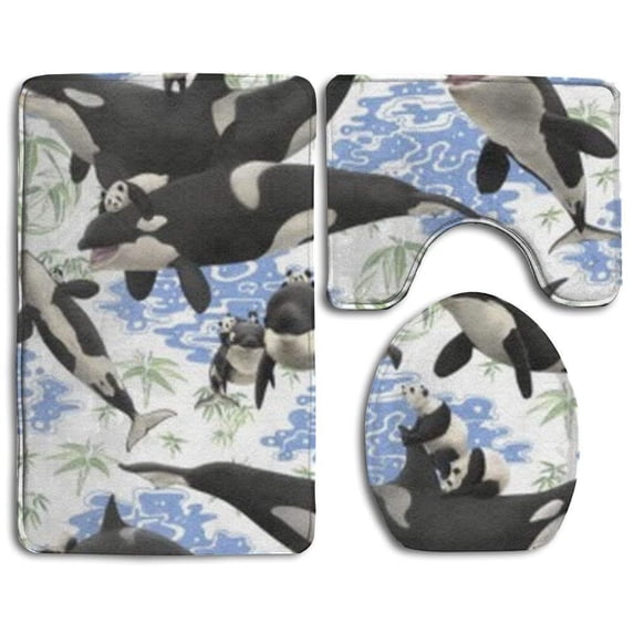 PUDMAD Whale Panda Art Funny 3 Piece Bathroom Rugs Set Bath Rug Contour Mat and Toilet Lid Cover