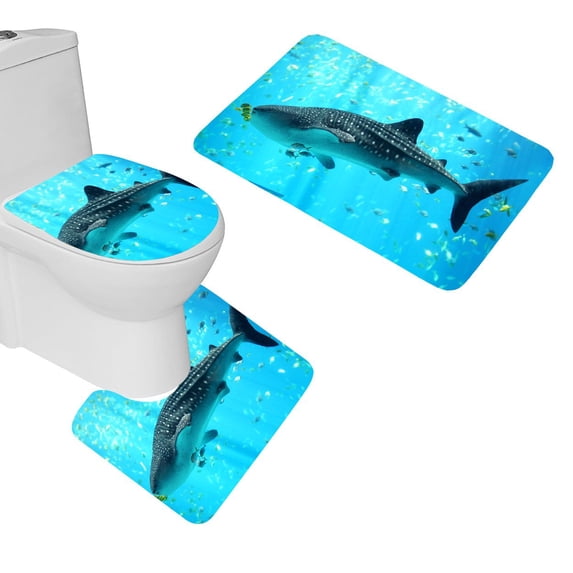 PUDMAD Whale Shark Underwater Ocean Sea 3 Piece Bathroom Rugs Set Bath Rug Contour Mat and Toilet Lid Cover