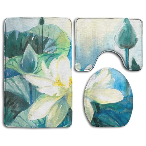 PUDMAD White Lotus Flower 3 Piece Bathroom Rugs Set Bath Rug Contour Mat and Toilet Lid Cover