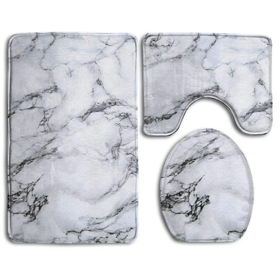 PUDMAD White Marble 3 Piece Bathroom Rugs Set Bath Rug Contour Mat and Toilet Lid Cover