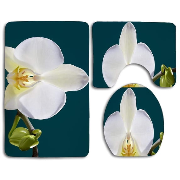 PUDMAD White Orchid Flower Buds Macro 3 Piece Bathroom Rugs Set Bath Rug Contour Mat and Toilet Lid Cover