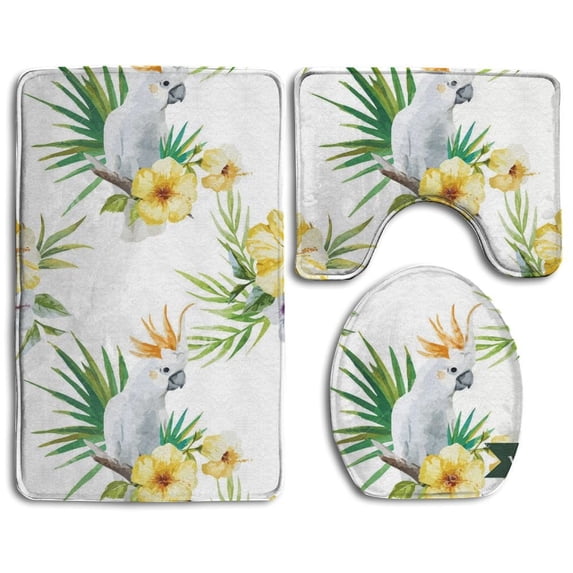 PUDMAD White Parrot 3 Piece Bathroom Rugs Set Bath Rug Contour Mat and Toilet Lid Cover