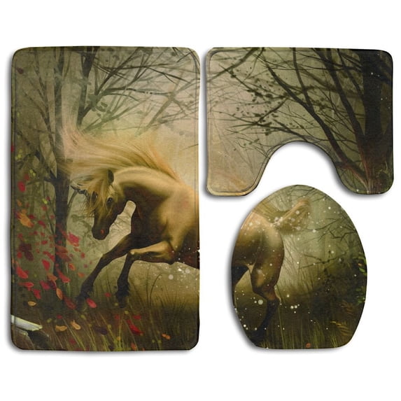 PUDMAD White Unicorn Painting 3 Piece Bathroom Rugs Set Bath Rug Contour Mat and Toilet Lid Cover