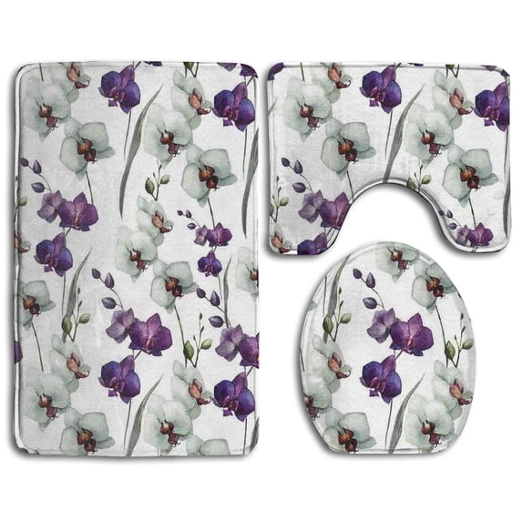 PUDMAD White and Purple Flowers 3 Piece Bathroom Rugs Set Bath Rug Contour Mat and Toilet Lid Cover