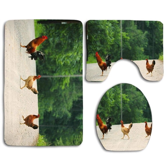 PUDMAD Why Did Chicken Cross Road 3 Piece Bathroom Rugs Set Bath Rug Contour Mat and Toilet Lid Cover