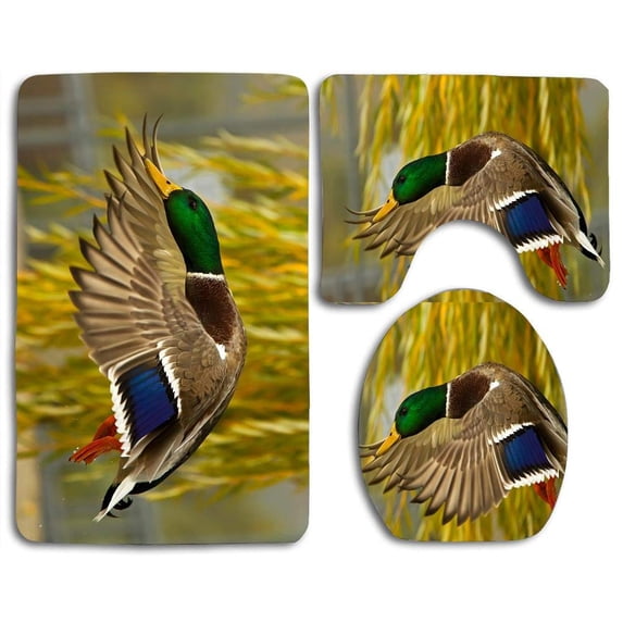 PUDMAD Wild Duck 3 Piece Bathroom Rugs Set Bath Rug Contour Mat and Toilet Lid Cover
