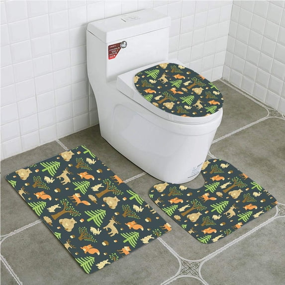 PUDMAD Wild Forest 3 Piece Bathroom Rugs Set Bath Rug Contour Mat and Toilet Lid Cover