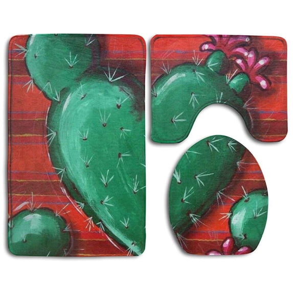 PUDMAD Wilder California Prickly Pear Cactus Love Heart Red 3 Piece Bathroom Rugs Set Bath Rug Contour Mat and Toilet Lid Cover