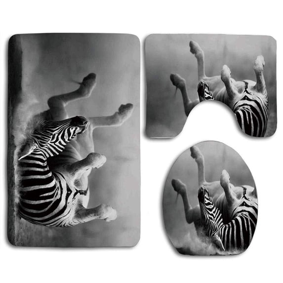 PUDMAD Wildlife Zebra Rolling in Dust Artistic Savage Mammal Activity Eco Photo black and White 3 Piece Bathroom Rugs Set Bath Rug Contour Mat and Toilet Lid Cover