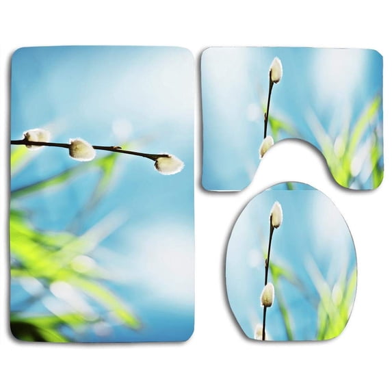 PUDMAD Willow Buds 3 Piece Bathroom Rugs Set Bath Rug Contour Mat and Toilet Lid Cover