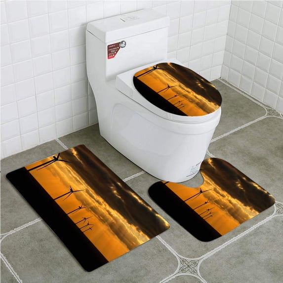 PUDMAD Wind Farm 3 Piece Bathroom Rugs Set Bath Rug Contour Mat and Toilet Lid Cover
