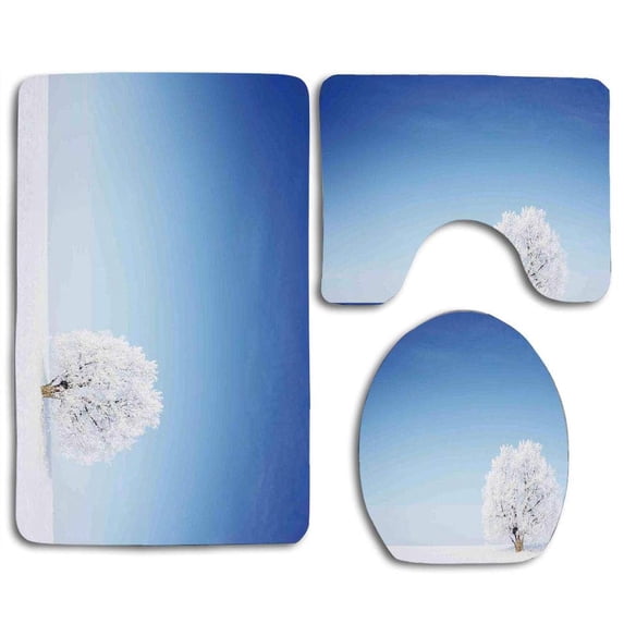 PUDMAD Winter Alone Winter Life Tree in Snowy Environment Cold Lands Peace Concept 3 Piece Bathroom Rugs Set Bath Rug Contour Mat and Toilet Lid Cover