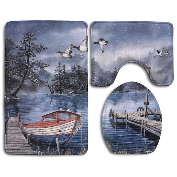 PUDMAD Winter Birds Flying 3 Piece Bathroom Rugs Set Bath Rug Contour Mat and Toilet Lid Cover