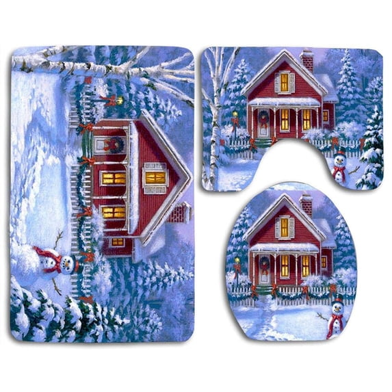 PUDMAD Winter House Holidays 3 Piece Bathroom Rugs Set Bath Rug Contour Mat and Toilet Lid Cover