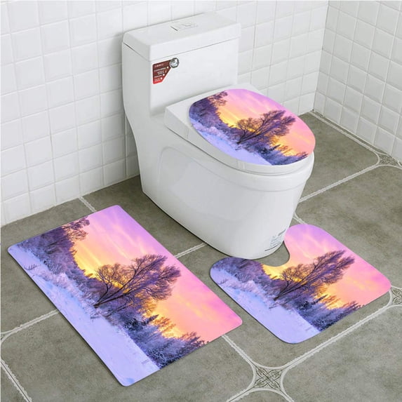 PUDMAD Winter Panorama Landscape Forest Trees Covered Snow and Sunrise 3 Piece Bathroom Rugs Set Bath Rug Contour Mat and Toilet Lid Cover