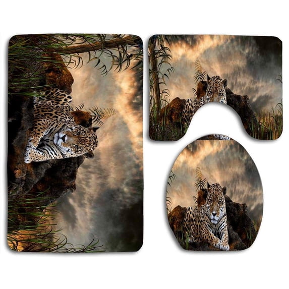 PUDMAD Winter Playing Nature Sweet Cute Snow Pets Cat Funny 3 Piece Bathroom Rugs Set Bath Rug Contour Mat and Toilet Lid Cover