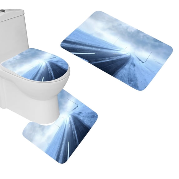PUDMAD Winter Road in Snow Storm 3 Piece Bathroom Rugs Set Bath Rug Contour Mat and Toilet Lid Cover