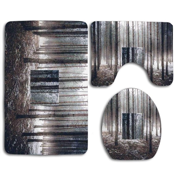 PUDMAD Winter Scene Dark Spooky Misty Forest Veiled Fog Mystic Birches 3 Piece Bathroom Rugs Set Bath Rug Contour Mat and Toilet Lid Cover