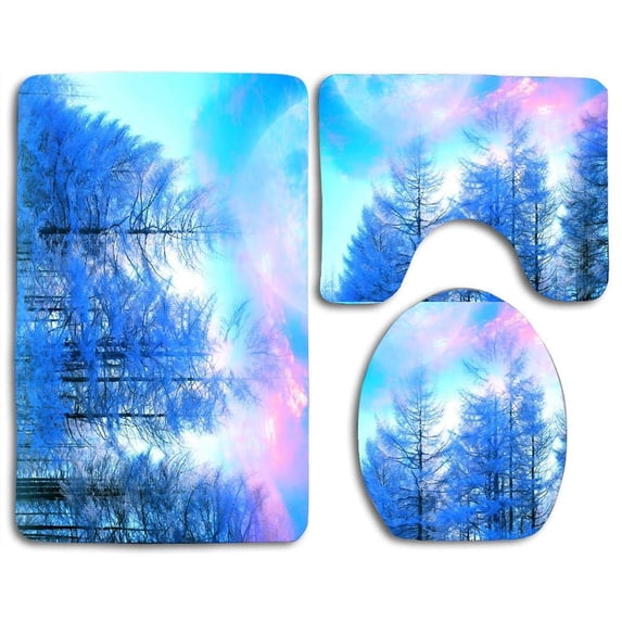 PUDMAD Winter Sky Trees Snow Moon Mist 3 Piece Bathroom Rugs Set Bath Rug Contour Mat and Toilet Lid Cover