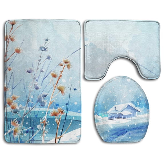 PUDMAD Winter Snow Falling 3 Piece Bathroom Rugs Set Bath Rug Contour Mat and Toilet Lid Cover
