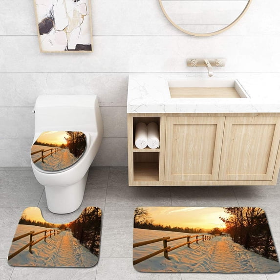 PUDMAD Winter Sunset 3 Piece Bathroom Rugs Set Bath Rug Contour Mat and Toilet Lid Cover