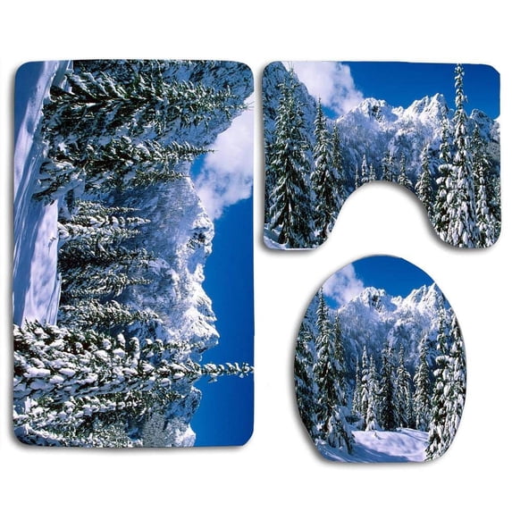 PUDMAD Winter Wonderland Forest 3 Piece Bathroom Rugs Set Bath Rug Contour Mat and Toilet Lid Cover