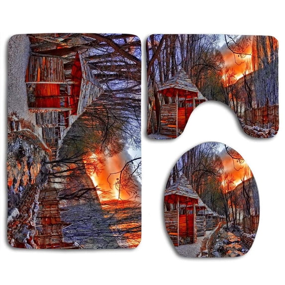 PUDMAD Winter Wood House Sunset 3 Piece Bathroom Rugs Set Bath Rug Contour Mat and Toilet Lid Cover