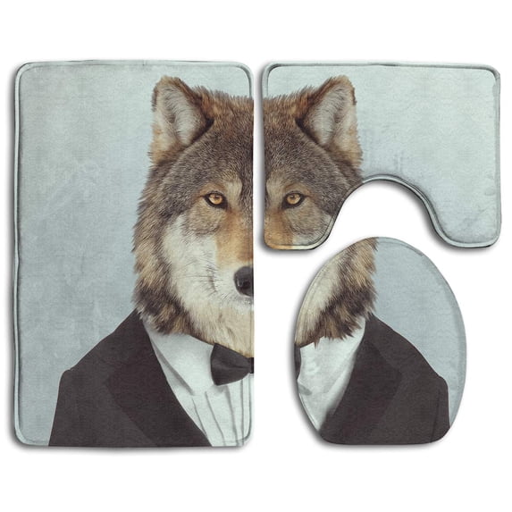 PUDMAD Wolf A Bow Tie 3 Piece Bathroom Rugs Set Bath Rug Contour Mat and Toilet Lid Cover