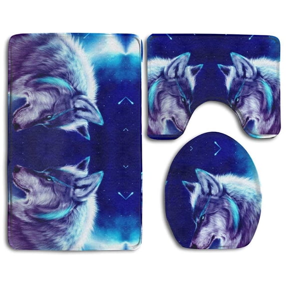 PUDMAD Wolf Cool Night 3 Piece Bathroom Rugs Set Bath Rug Contour Mat and Toilet Lid Cover