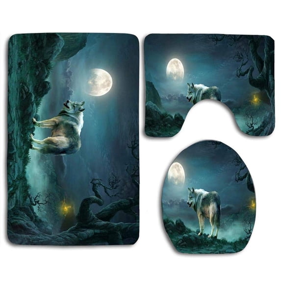 PUDMAD Wolf Under Full Moon 3 Piece Bathroom Rugs Set Bath Rug Contour Mat and Toilet Lid Cover