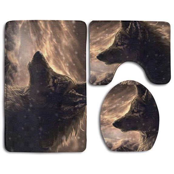 PUDMAD Wolf in Snowstorm 3 Piece Bathroom Rugs Set Bath Rug Contour Mat and Toilet Lid Cover