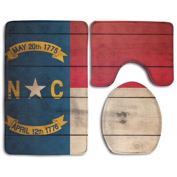 PUDMAD Wood Background North Carolina Flag 3 Piece Bathroom Rugs Set Bath Rug Contour Mat and Toilet Lid Cover