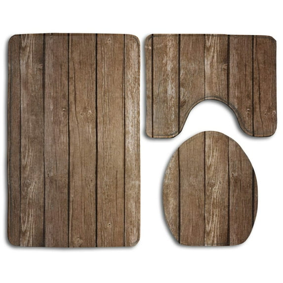 PUDMAD Wood Texture 3 Piece Bathroom Rugs Set Bath Rug Contour Mat and Toilet Lid Cover