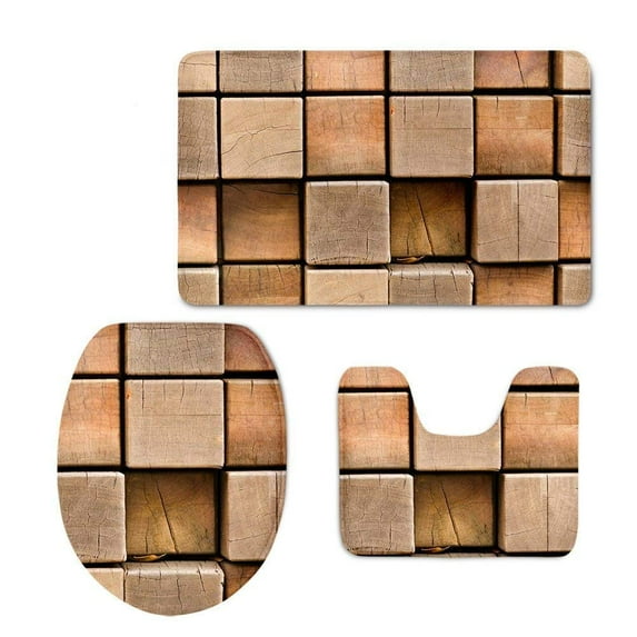 PUDMAD WoodRustic Old Barn Wood 3 Piece Bathroom Rugs Set Bath Rug Contour Mat and Toilet Lid Cover
