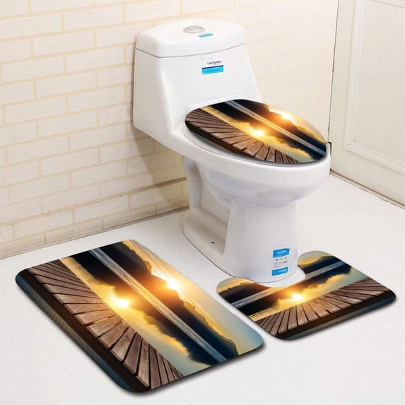 PUDMAD Wooden Bridge on Lake a Reflection Sunset on Snow Mountain 3 Piece Bathroom Rugs Set Bath Rug Contour Mat and Toilet Lid Cover